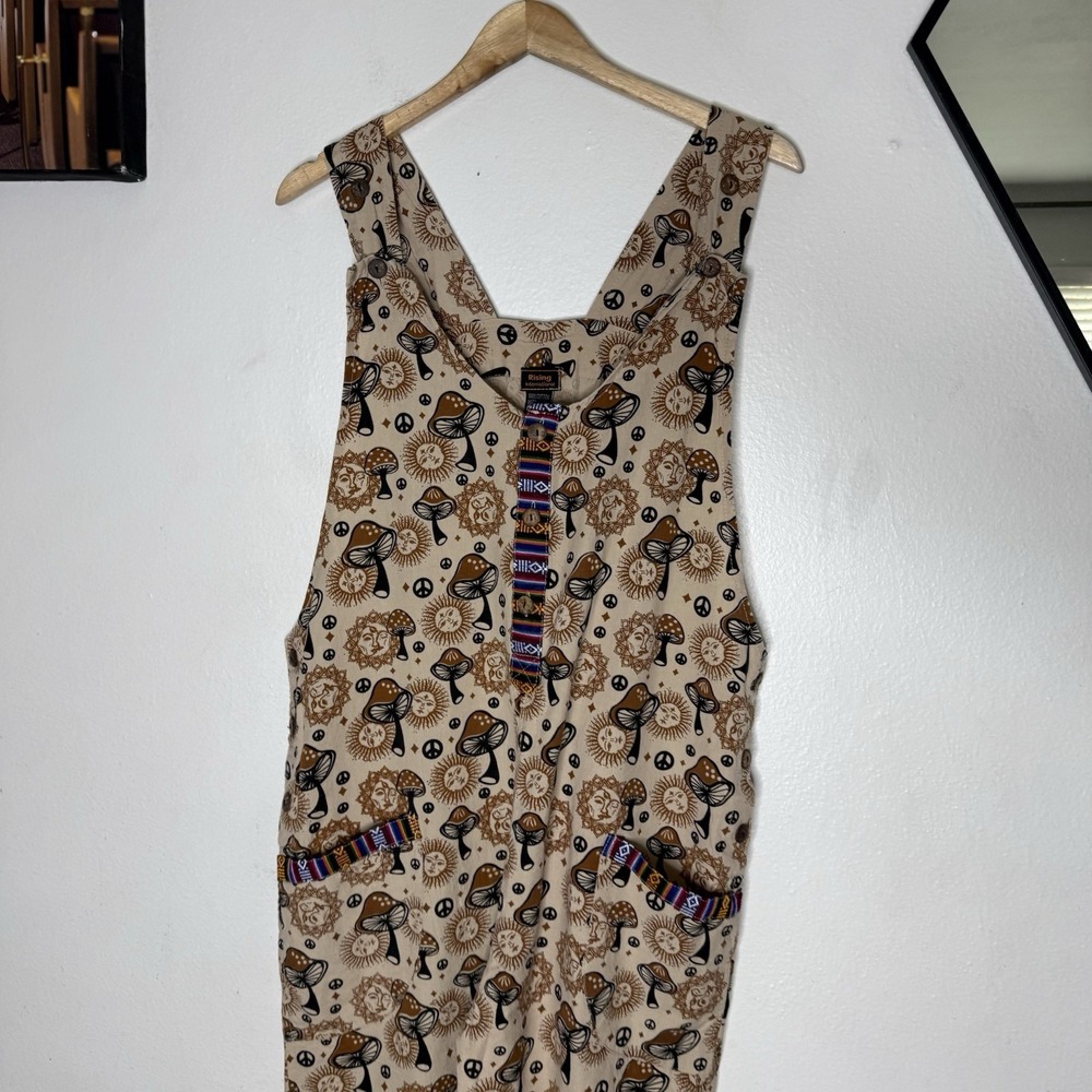 Rising International Mushroom Brown Cotton Overalls Boho Hippie Womens Large - Picture 2 of 11